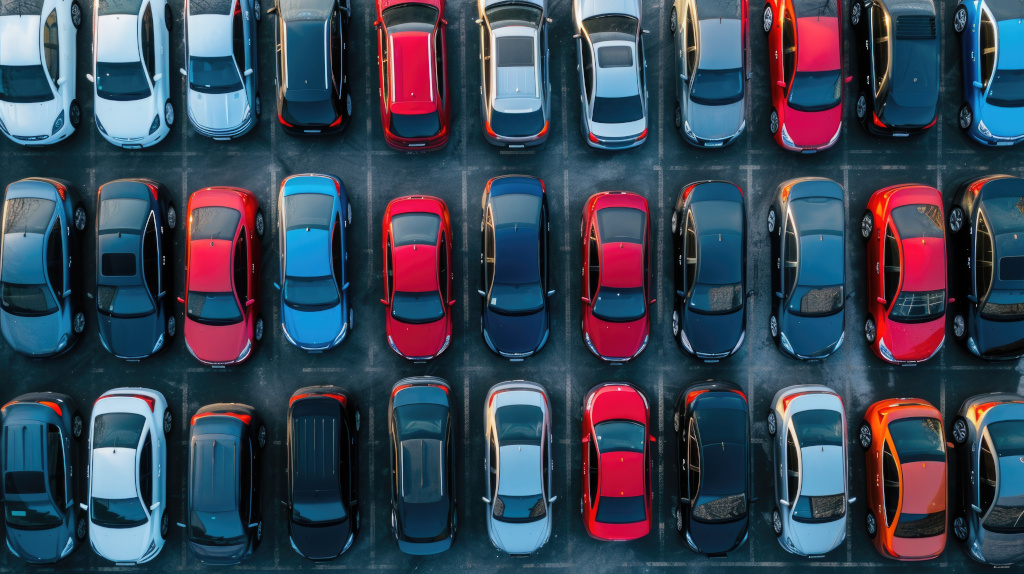 Aerial shot of assorted cars in a dealership lot during sunset.