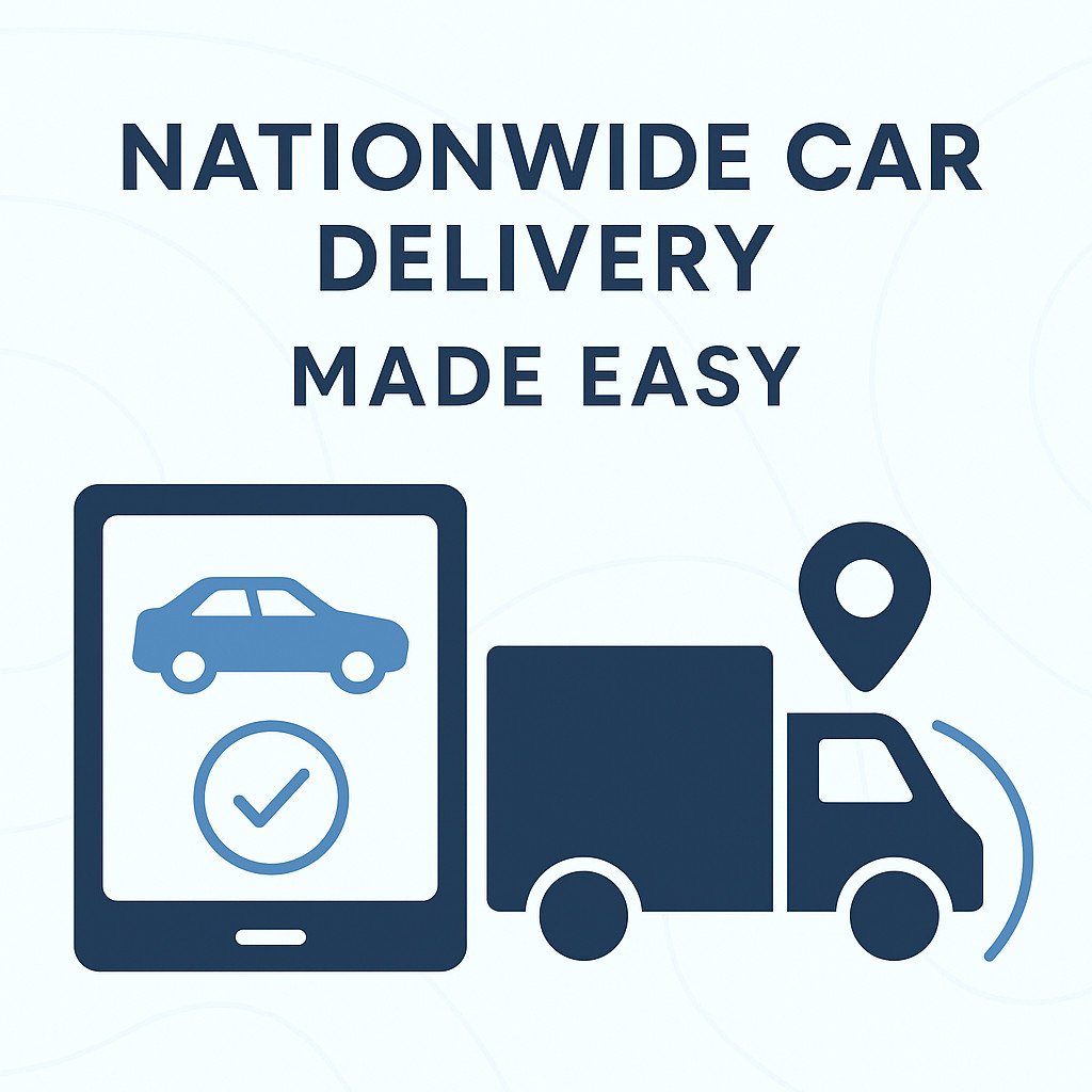 2d graphic primarily white with details navy blue with lettering saying "Nationwide Car Delivery Made Easy" with a truck and map icon next to a tablet indicating a car purchase