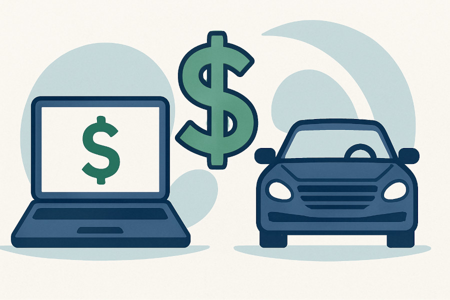 Abstract imagtes of a car, dollar sign, and car. Showing how online car buying can be different from in person